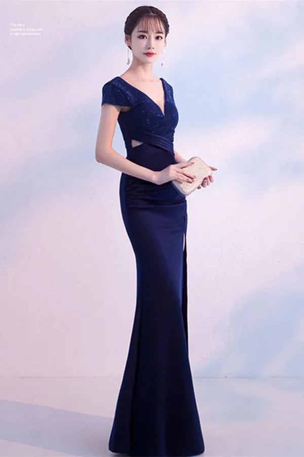 Fabulous Short Sleeves Beads Evening Dress Mermaid V-Neck With Slit