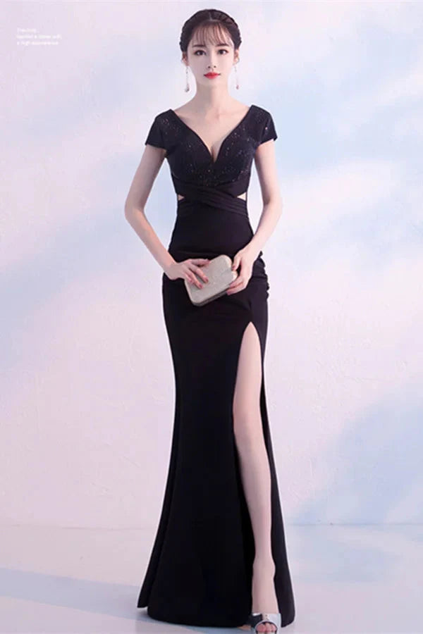 Fabulous Short Sleeves Beads Evening Dress Mermaid V-Neck With Slit
