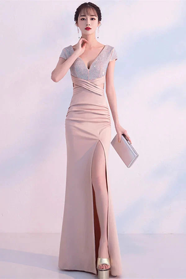 Fabulous Short Sleeves Beads Evening Dress Mermaid V-Neck With Slit