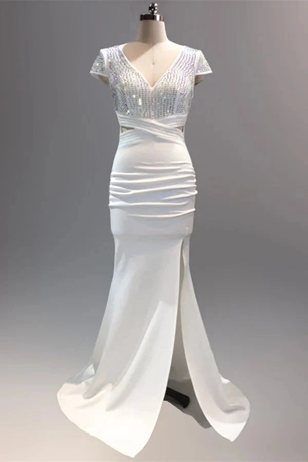 Fabulous Short Sleeves Beads Evening Dress Mermaid V-Neck With Slit