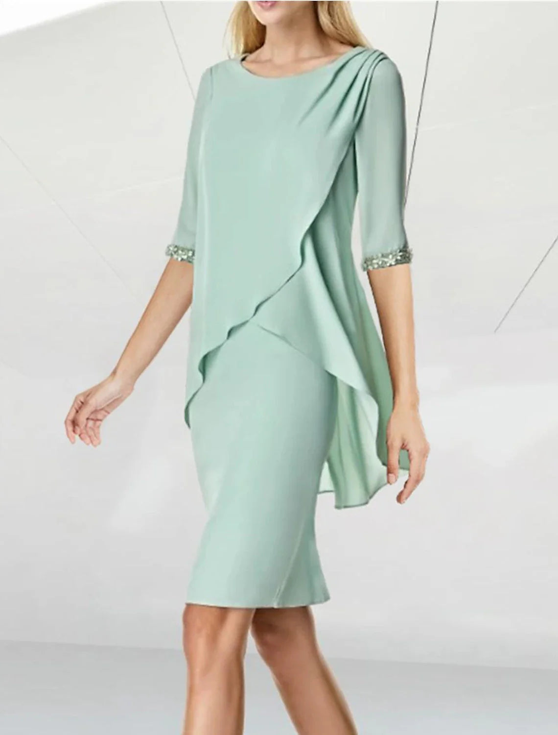 Sheath / Column Mother of the Bride Dress Wedding Guest Elegant Jewel Neck Knee Length Chiffon Half Sleeve with Beading Ruching