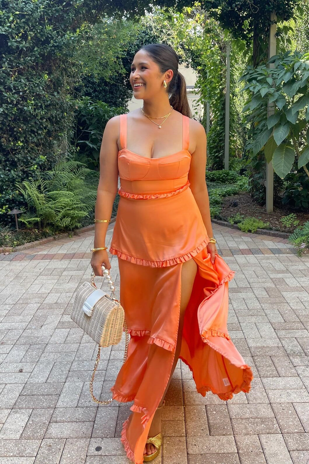 Hot Pink Ruffle Slit Bridesmaid Dress with Lace-up