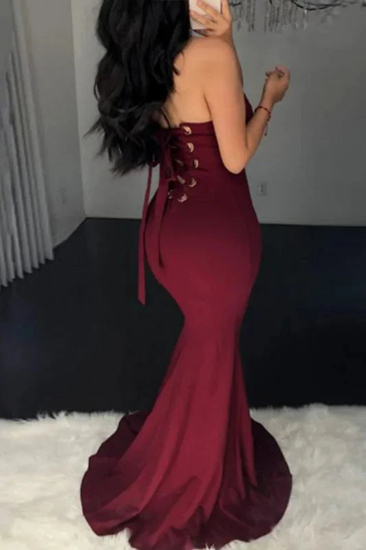 Glamorous Burgundy Strapless Mermaid Prom Dress Long Evening Gowns Lace-up
