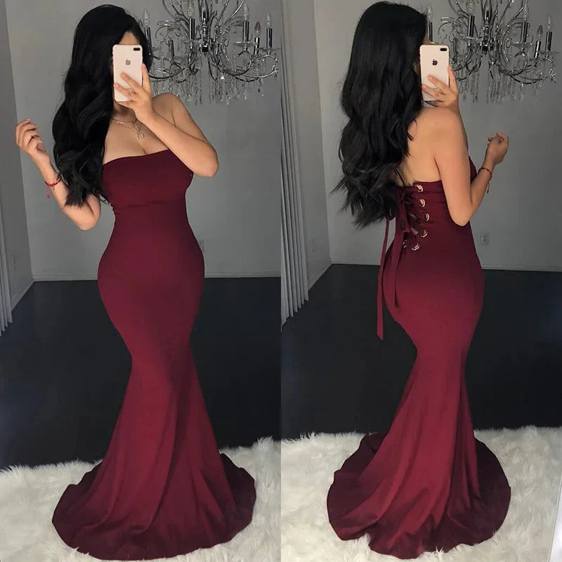 Glamorous Burgundy Strapless Mermaid Prom Dress Long Evening Gowns Lace-up
