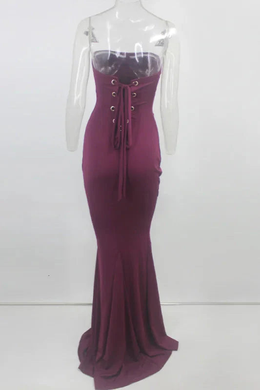 Glamorous Burgundy Strapless Mermaid Prom Dress Long Evening Gowns Lace-up