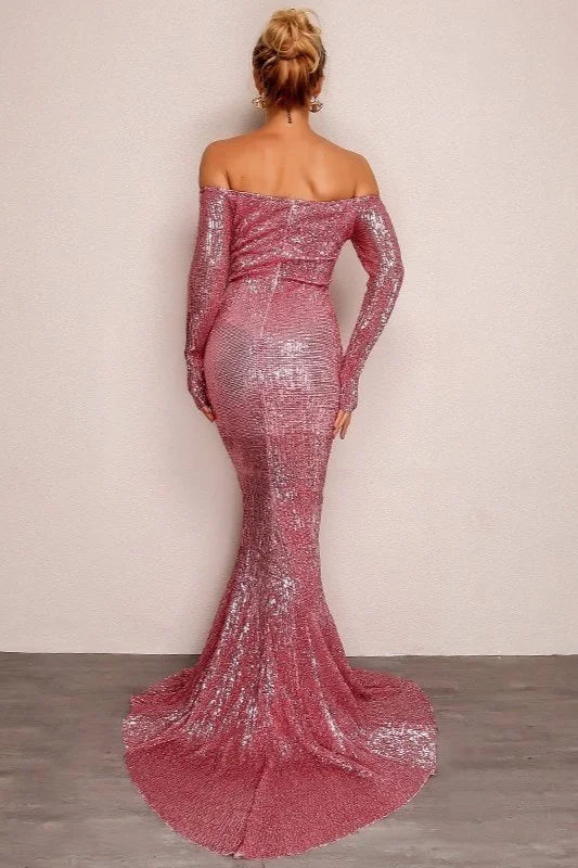 Glamorous Long Sleeve Off-the-Shoulder Sequins Evening Gowns Mermaid Prom Dress Online