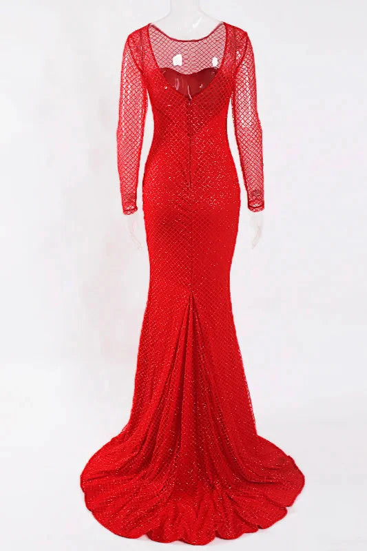 Glamorous Long Sleeve Red Prom Dress Long Mermaid Sequins Evening Gowns