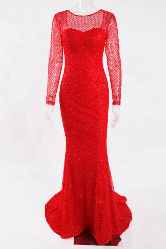 Glamorous Long Sleeve Red Prom Dress Long Mermaid Sequins Evening Gowns