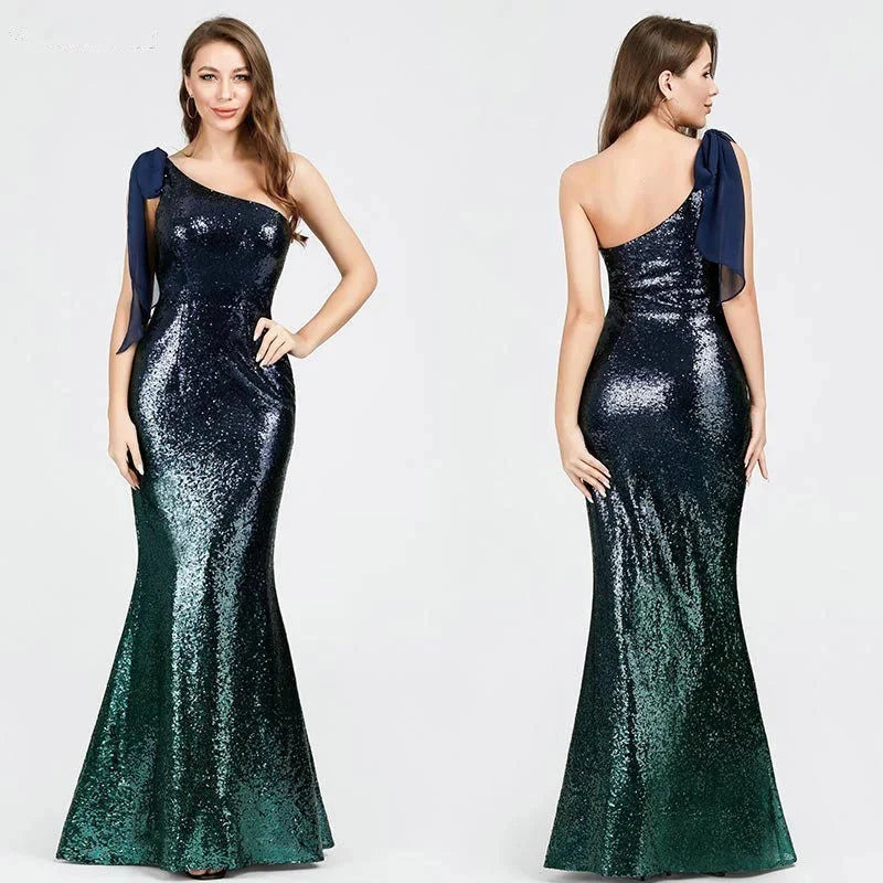 Glamorous Ombre Seuqins Prom Dresses Mermaid One Shoulder Evening Gowns