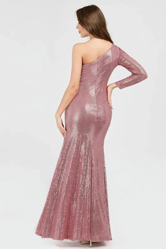 Glamorous One Shoulder Long Sleeve Prom Dress Sequins Mermaid Evening Gowns With Split