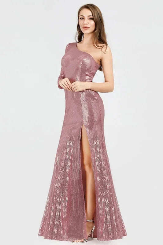 Glamorous One Shoulder Long Sleeve Prom Dress Sequins Mermaid Evening Gowns With Split