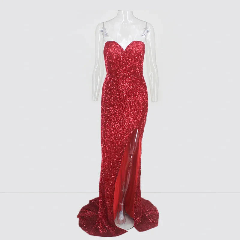 Glamorous Sequins Sweetheart Prom Dress Long Mermaid Evening Gowns With Split