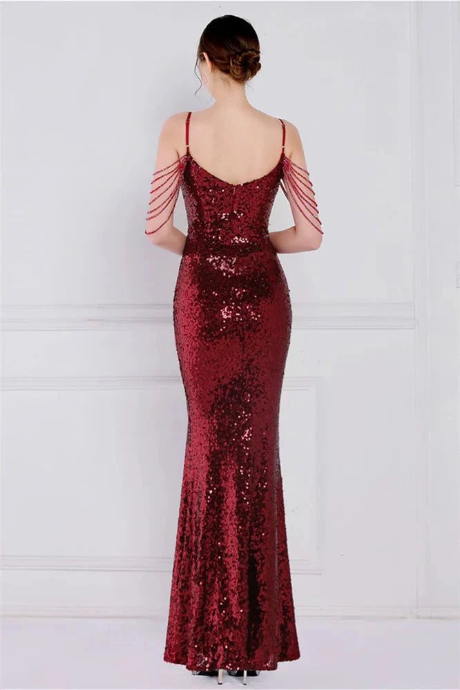 Glamorous Spaghetti-Straps Sequins Evening Gown Mermaid Sleeveless
