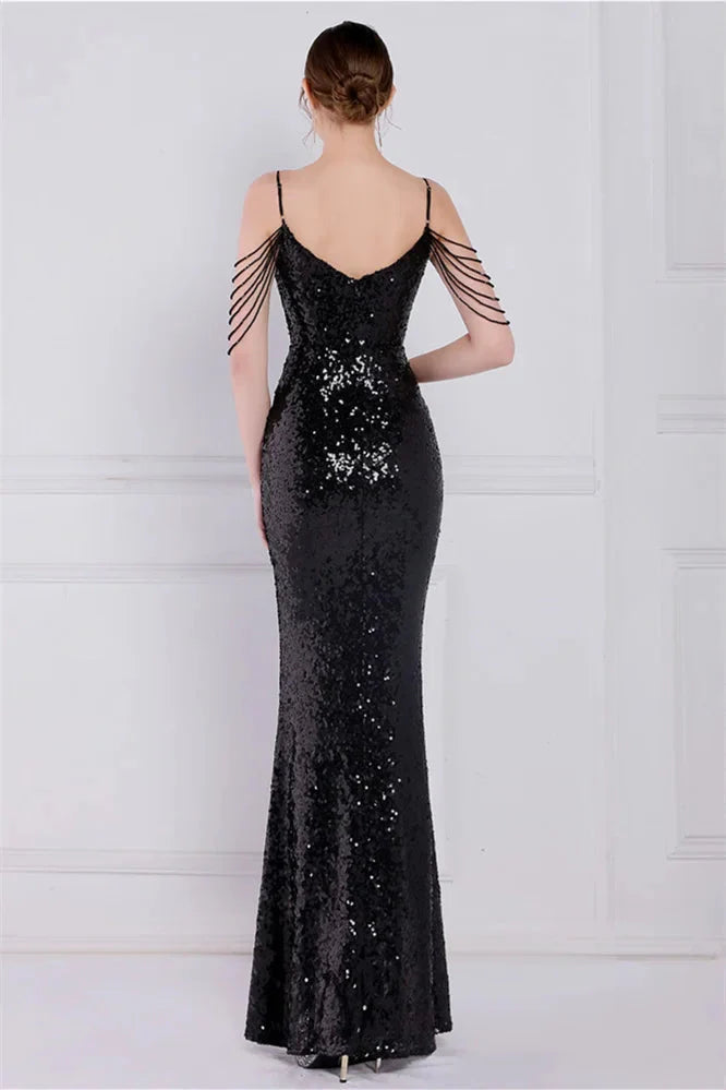 Glamorous Spaghetti-Straps Sequins Evening Gown Mermaid Sleeveless