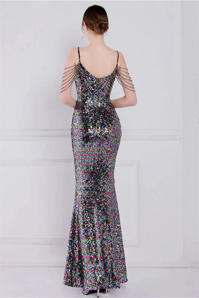 Glamorous Spaghetti-Straps Sequins Evening Gown Mermaid Sleeveless