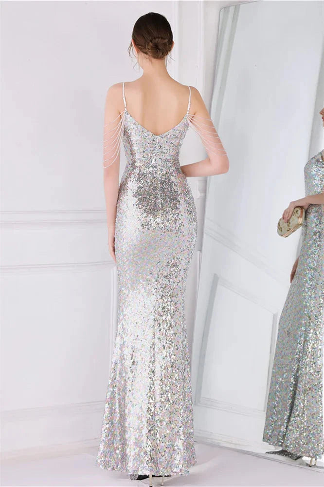Glamorous Spaghetti-Straps Sequins Evening Gown Mermaid Sleeveless