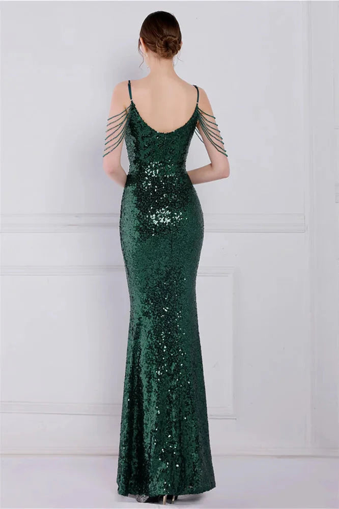 Glamorous Spaghetti-Straps Sequins Evening Gown Mermaid Sleeveless