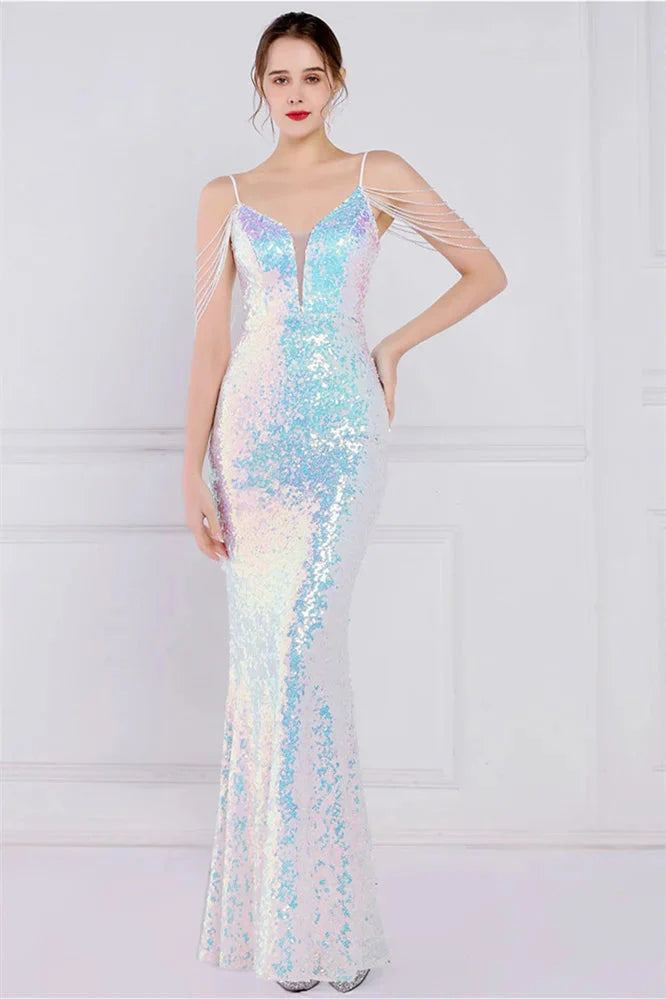 Glamorous Spaghetti-Straps Sequins Evening Gown Mermaid Sleeveless