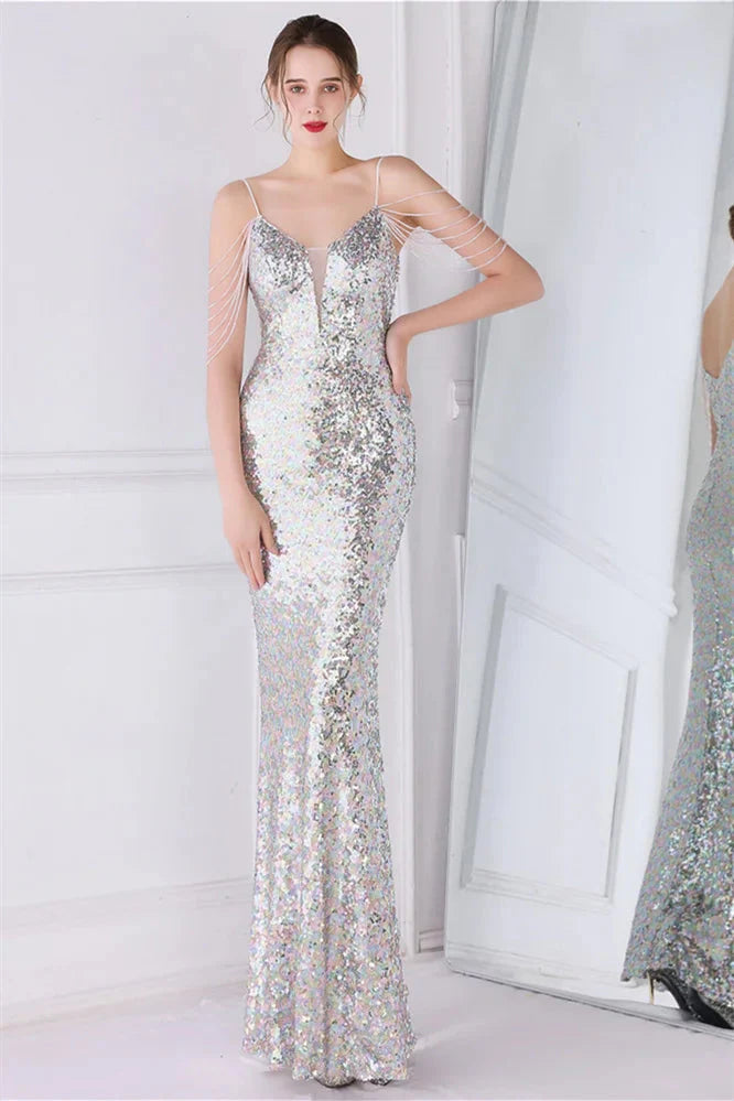 Glamorous Spaghetti-Straps Sequins Evening Gown Mermaid Sleeveless