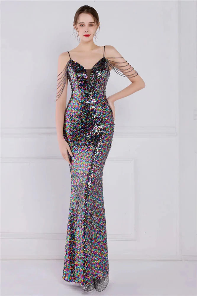 Glamorous Spaghetti-Straps Sequins Evening Gown Mermaid Sleeveless