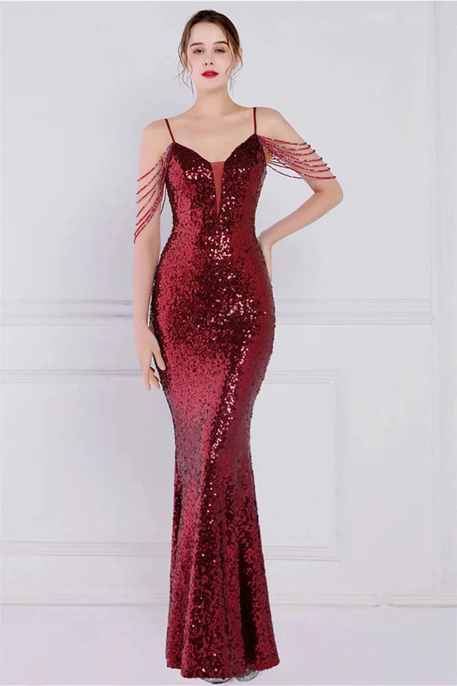Glamorous Spaghetti-Straps Sequins Evening Gown Mermaid Sleeveless