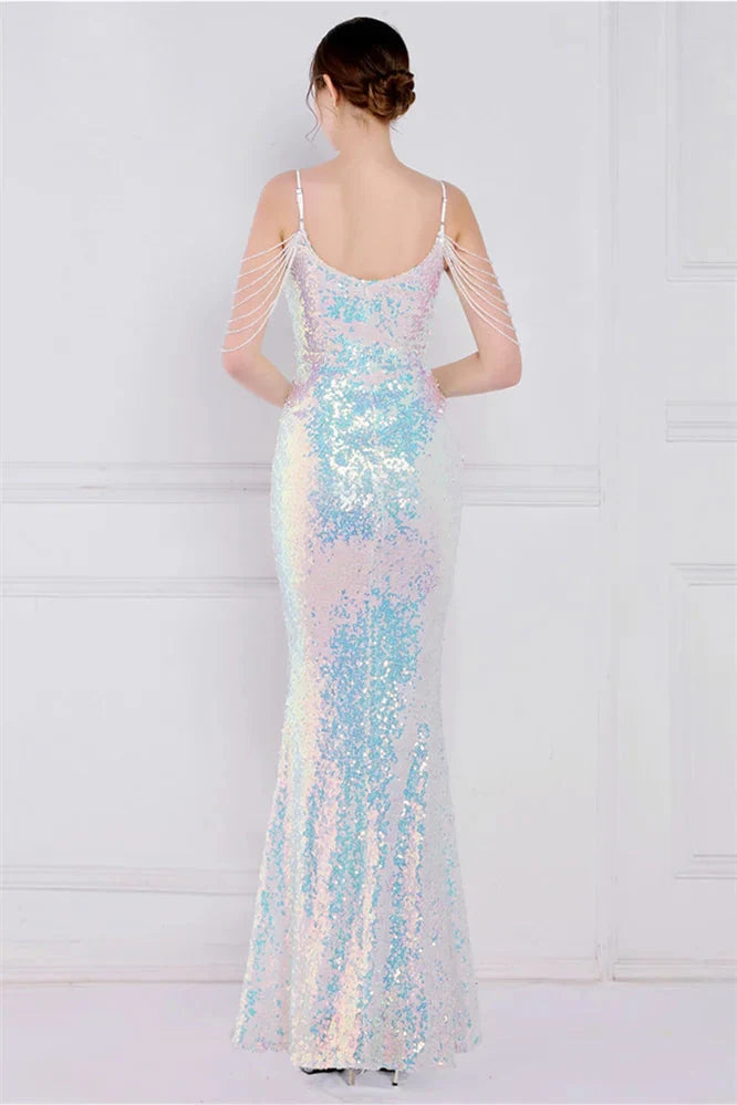 Glamorous Spaghetti-Straps Sequins Evening Gown Mermaid Sleeveless