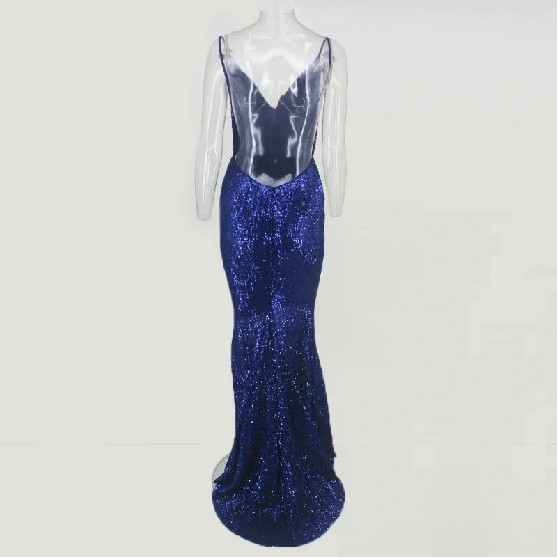 Glamorous Spaghetti-Straps Sequins Navy Prom Dress Long Mermaid Evening Gowns