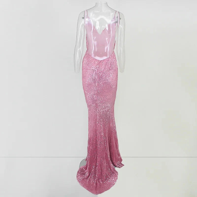 Glamorous Spaghetti-Straps Sequins Navy Prom Dress Long Mermaid Evening Gowns