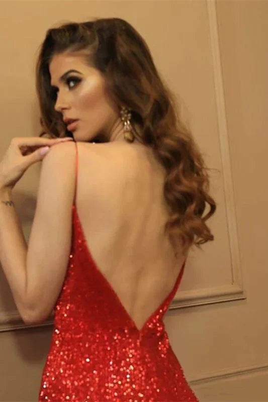 Glamorous Spaghetti-Straps Sequins V-Neck Prom Dress Mermaid Evening Gowns
