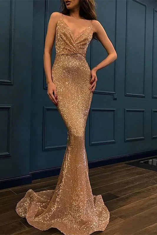 Glamorous Spaghetti-Straps Sequins V-Neck Prom Dress Mermaid Evening Gowns