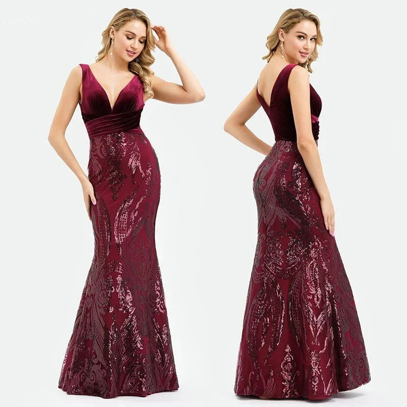Glamorous Velvet Sequins Mermaid Long Evening Prom Dress