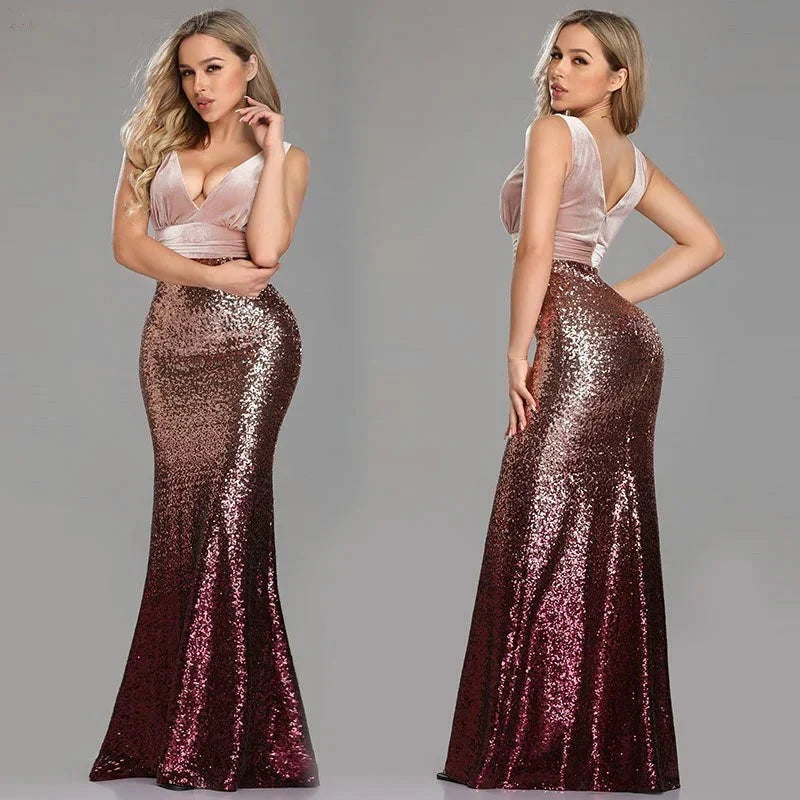 Glamorous Velvet Sequins Mermaid Long Evening Prom Dress