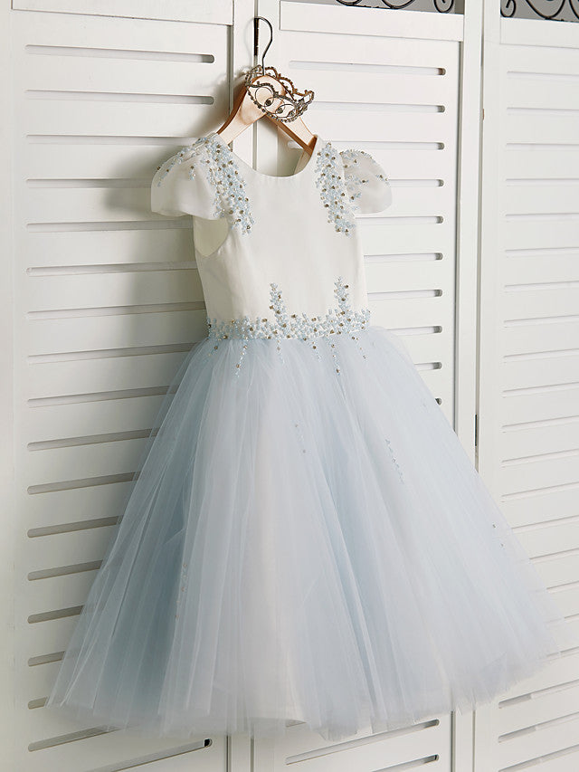 Gorgeous Cap Sleeve Jewel Neck Flower Girl Dresses Satin Tulle With Beading