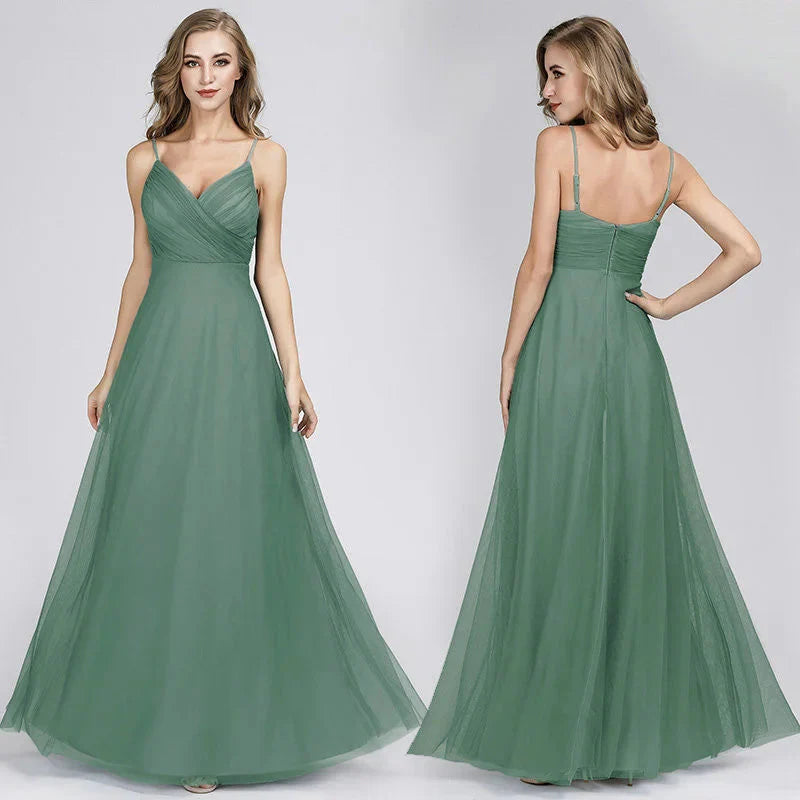 Gorgeous Dusty Blue V-Neck Prom Dress Long Tulle Evening Party Gowns