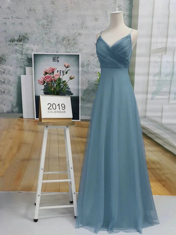 Gorgeous Dusty Blue V-Neck Prom Dress Long Tulle Evening Party Gowns