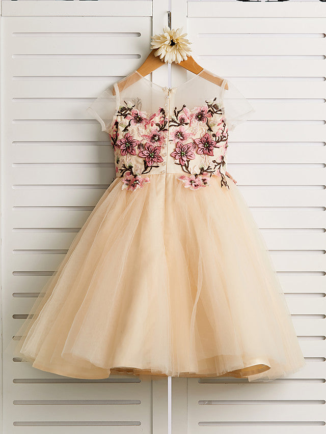 Gorgeous Embroidered Cap Sleeve Jewel Knee Length Flower Girl Dress