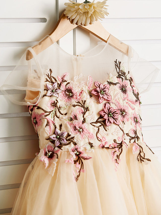 Gorgeous Embroidered Cap Sleeve Jewel Knee Length Flower Girl Dress