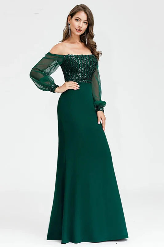 Gorgeous Green Long Sleeve Sequins Prom Dress Mermaid Evening Gowns