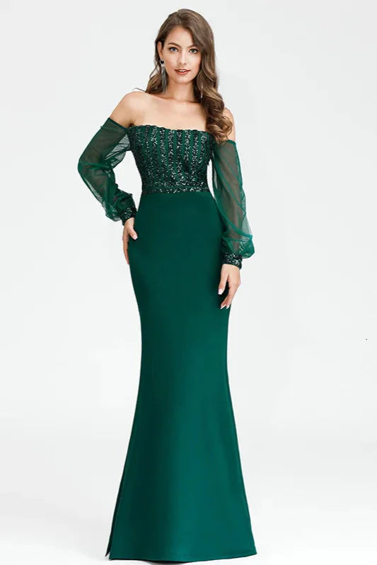 Gorgeous Green Long Sleeve Sequins Prom Dress Mermaid Evening Gowns