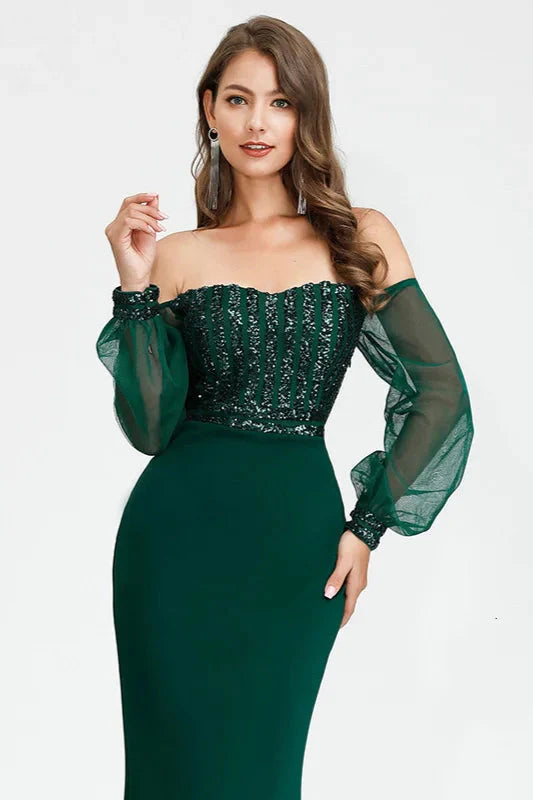 Gorgeous Green Long Sleeve Sequins Prom Dress Mermaid Evening Gowns