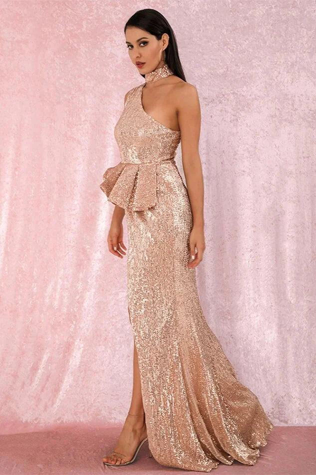 Gorgeous High-Neck One Shoulder Sequins Prom Dress Long Evening Party Gowns With Split