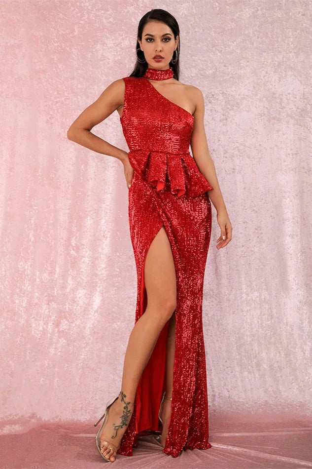 Gorgeous High-Neck One Shoulder Sequins Prom Dress Long Evening Party Gowns With Split