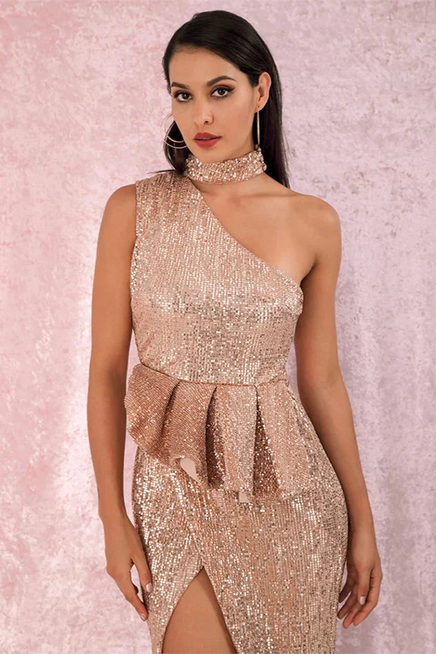 Gorgeous High-Neck One Shoulder Sequins Prom Dress Long Evening Party Gowns With Split
