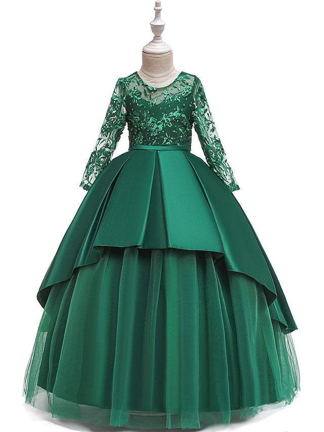 Gorgeous Long Sleeve Jewel Neck Flower Girl Dress with Tulle Satin Crystals and Lace Belt