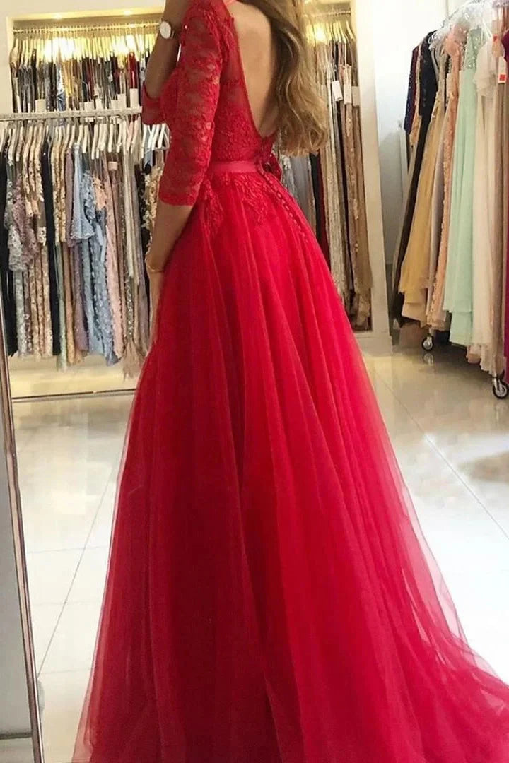 Gorgeous Long Sleeves Lace Tulle Evening Dress Long With Slit