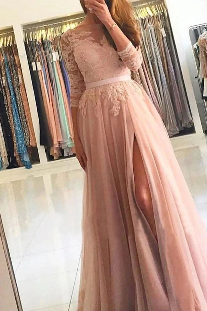 Gorgeous Long Sleeves Lace Tulle Evening Dress Long With Slit
