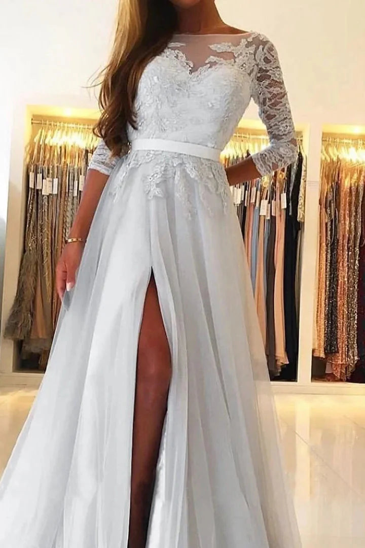 Gorgeous Long Sleeves Lace Tulle Evening Dress Long With Slit