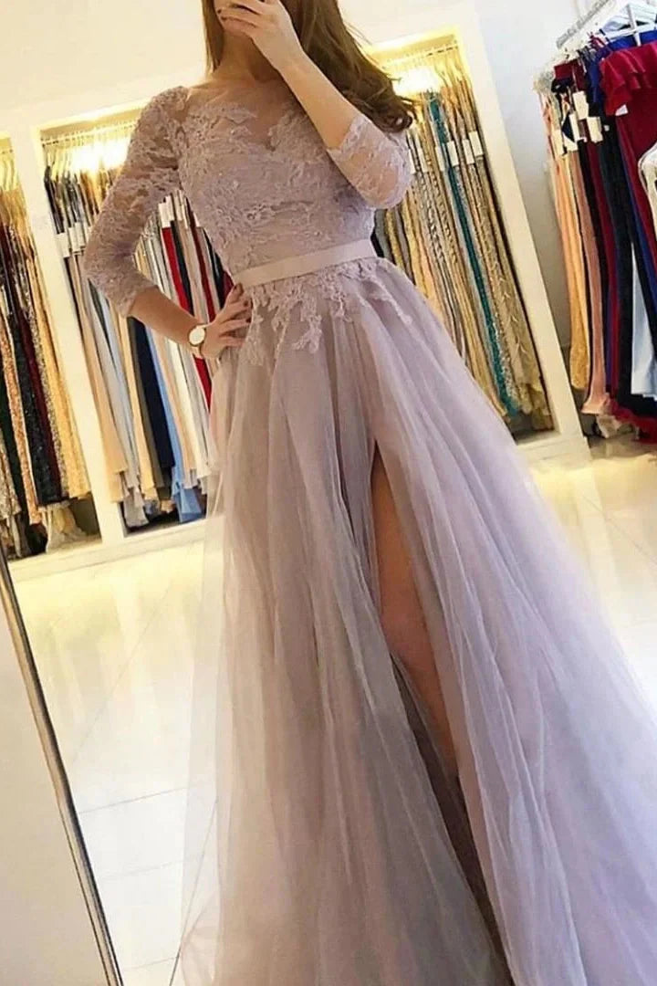 Gorgeous Long Sleeves Lace Tulle Evening Dress Long With Slit