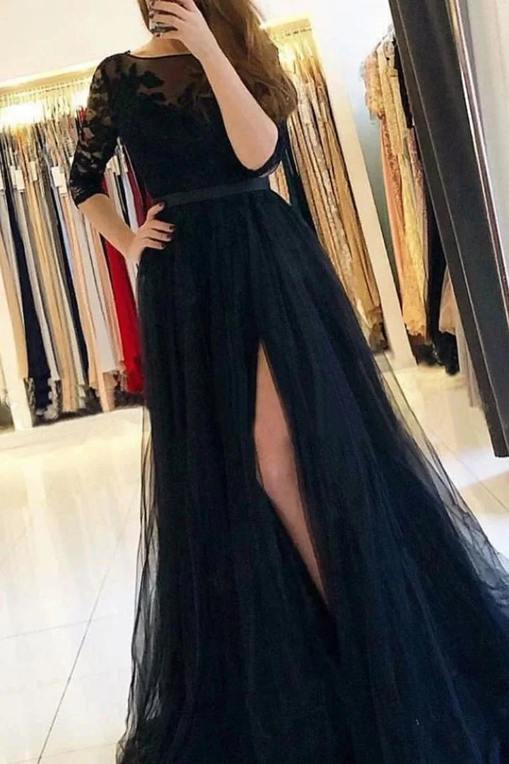 Gorgeous Long Sleeves Lace Tulle Evening Dress Long With Slit
