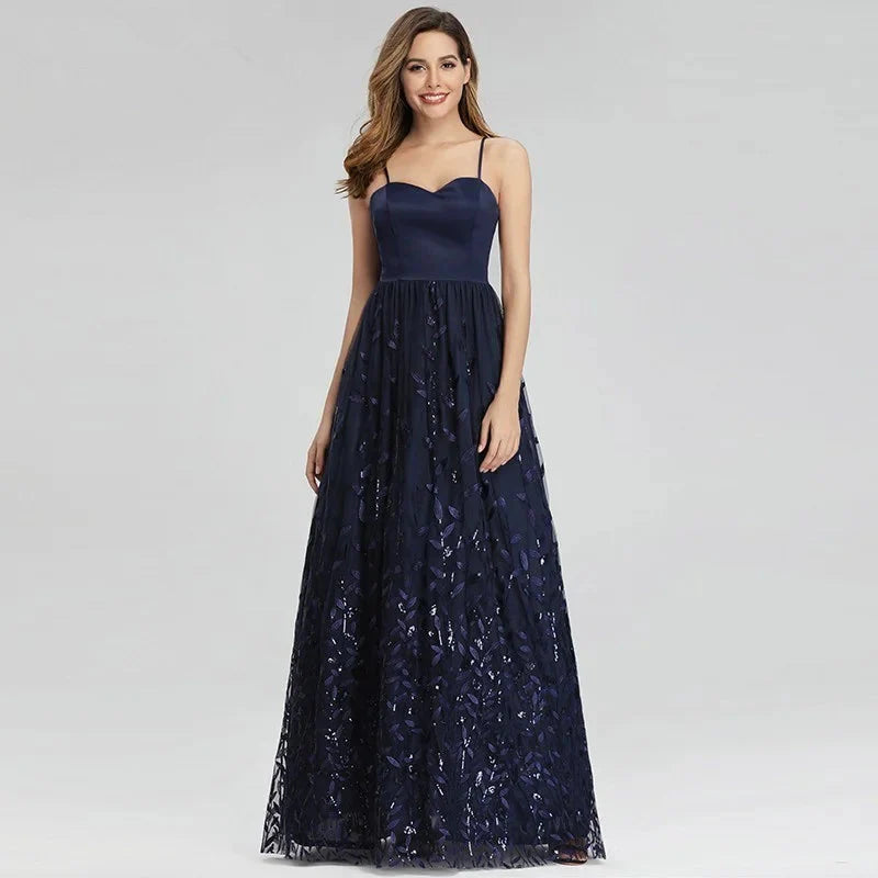 Gorgeous Navy Blue Spaghetti-Straps Evening Gowns Long Sweetheart Prom Dress With Leaves Embelishments